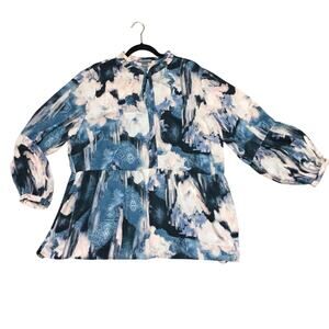 Kate & Mallory Long Bubble Sleeve Blouse 1X Floral Print Artsy Water Color Top